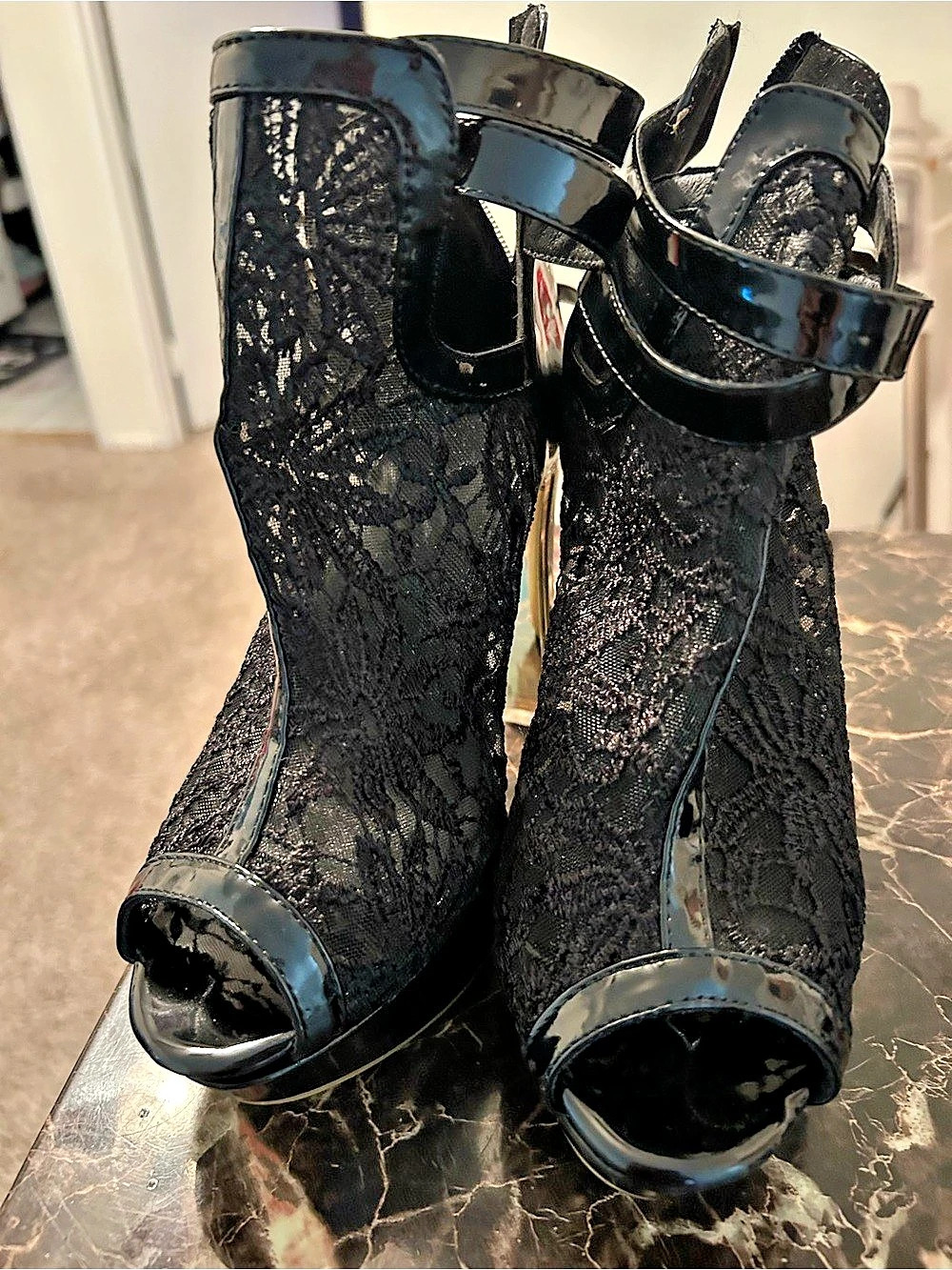 Black Lace Peep-Toe Ankle-Strap Heels
